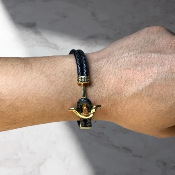 Men’s Black Leather Bracelet with Gold Stainless Steel Anchor Charm - Image 6